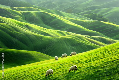 Pastoral Peace: Rolling Green Hills with Grazing Sheep