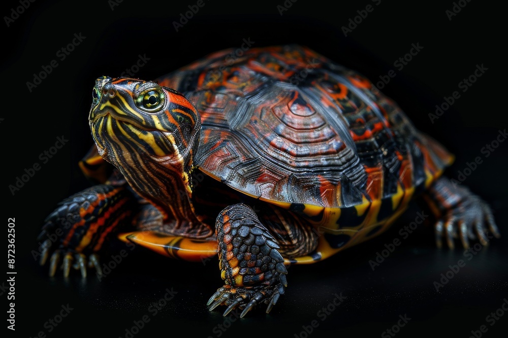 Mystic portrait of Eastern Box Turtle, full body view, isolated on black background Mystic portrait of Eastern Box Turtle, full body view, isolated on black background