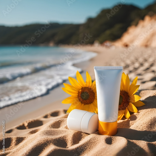 Mockup diseño de producto bote de protector solar y tarro de crema hidratante junto a dos flores amarillas en una playa