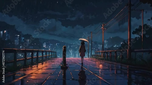 Anime Girl Walking in the Rain with Umbrella and Backpack