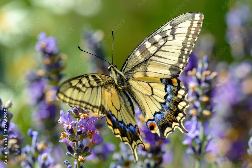 A vibrant yellow and black butterfly is captured on lavender flowers in a lush garden, highlighting the delightful interaction and beauty of these natural elements. A vibrant yellow and black butterfly is captured on lavender flowers in a lush garden, highlighting the delightful interaction and beauty of these natural elements.