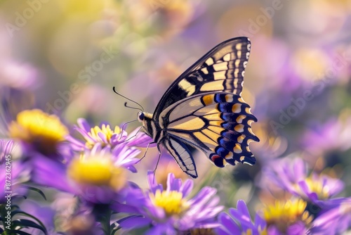 Capturing the side view, a butterfly with meticulous wing patterns feeds on groups of purple flowers, showcasing vibrant colors and natural details amidst a serene garden.