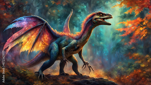 A majestic dragon with iridescent wings stands in a misty forest. © Image or video