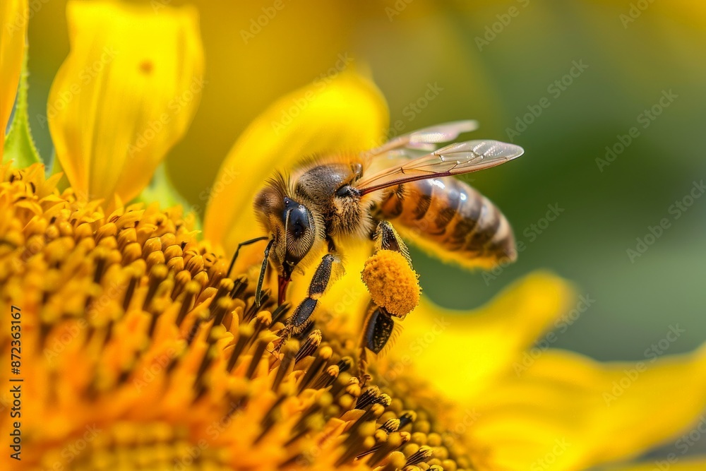 A close-up image of a bee collecting nectar from a sunflower bathed in sunlight, highlighting the details of the bee and the vibrant yellow petals of the sunflower.