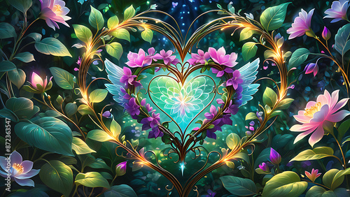 A glowing heart formed by vines with flowers and leaves surrounding it, vibrant colors and an ethereal glow.
