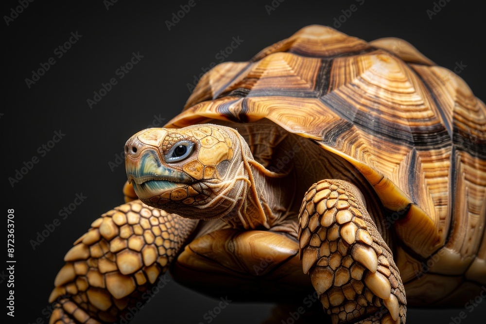 Naklejka premium the beside view African Spurred Tortoise, left side view, white copy space on right, isolated on black background