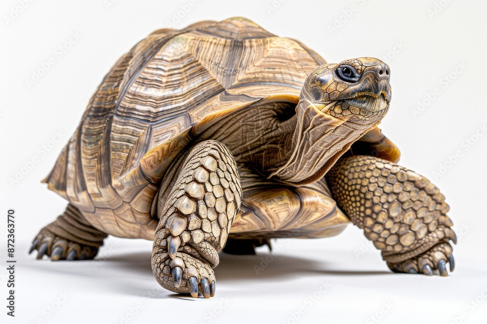 Obraz premium the beside view African Spurred Tortoise, left side view, white copy space on right, dutch angle view, isolated on white background