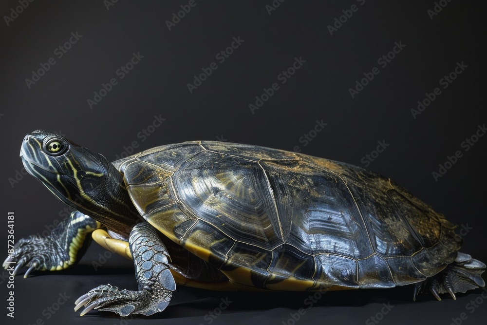 Obraz premium the beside view Australian Flatback Turtle, left side view, white copy space on right, isolated on black background