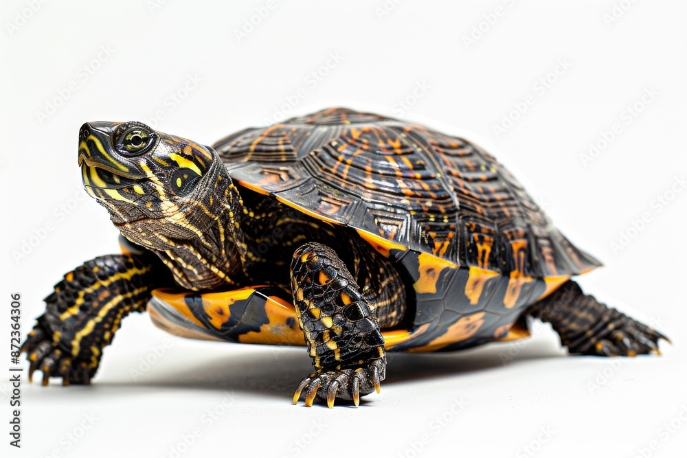 the beside view Eastern Box Turtle, left side view, white copy space on right, dutch angle view, isolated on white background the beside view Eastern Box Turtle, left side view, white copy space on right, dutch angle view, isolated on white background