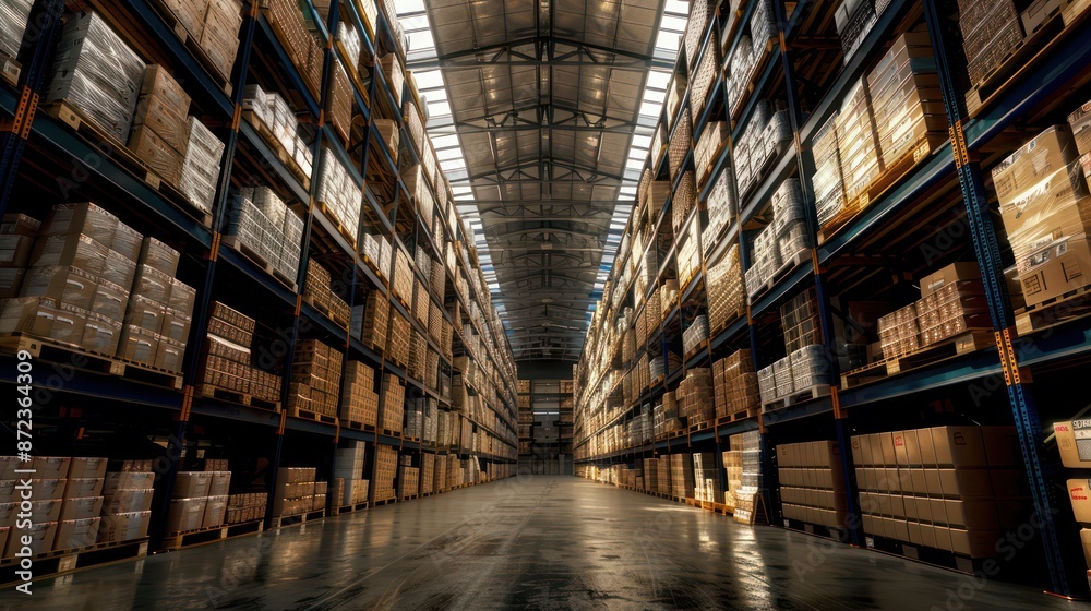 Spacious modern warehouse with high shelves filled with boxes and goods. Spacious modern warehouse with high shelves filled with boxes and goods.