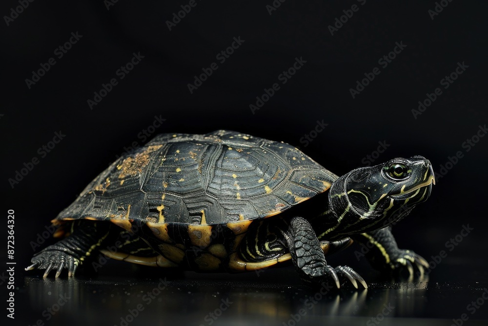 Obraz premium the beside view European Pond Turtle, left side view, white copy space on right, isolated on black background