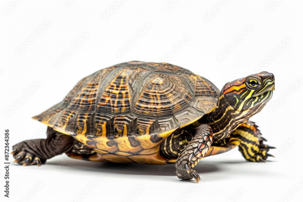 the beside view Eastern Box Turtle, left side view, white copy space on right, dutch angle view, isolated on white background the beside view Eastern Box Turtle, left side view, white copy space on right, dutch angle view, isolated on white background