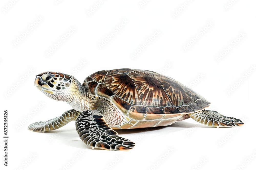 Obraz premium the beside view Green Sea Turtle, left side view, white copy space on right, dutch angle view, isolated on white background