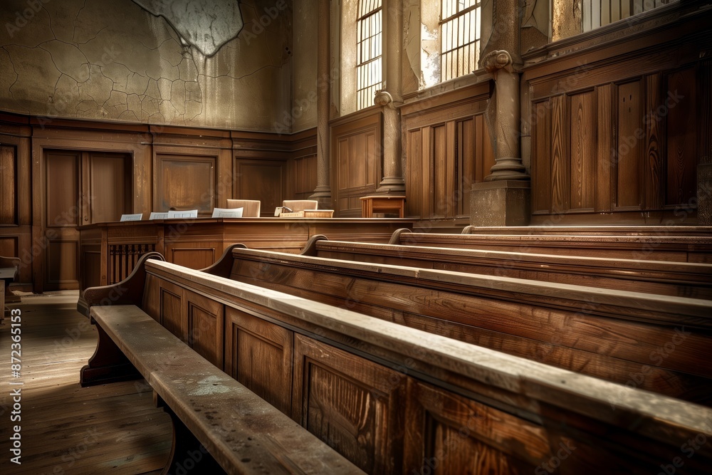 A beautifully aged and empty courtroom with tall windows letting in light, wooden benches and desks creating an air of history, justice, and solemnity. A beautifully aged and empty courtroom with tall windows letting in light, wooden benches and desks creating an air of history, justice, and solemnity.