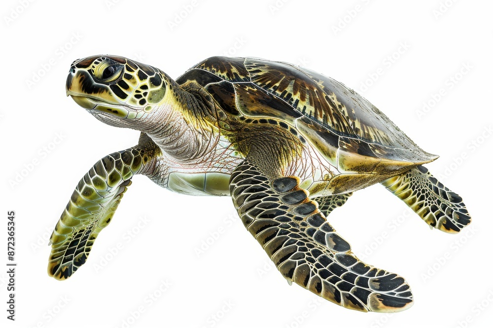 Fototapeta premium the beside view Green Sea Turtle, left side view, white copy space on right, dutch angle view, isolated on white background