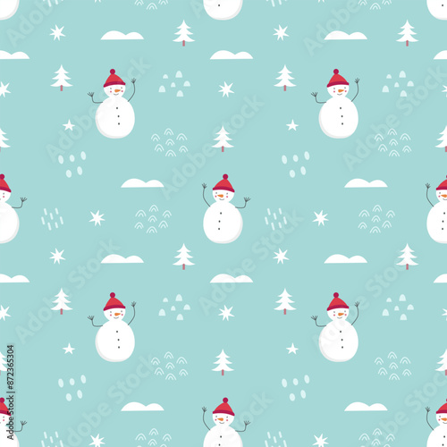 Winter seamless pattern with cute snowman stars abstract shapes. Christmas and New Year background. Scandinavian style. Vector illustration