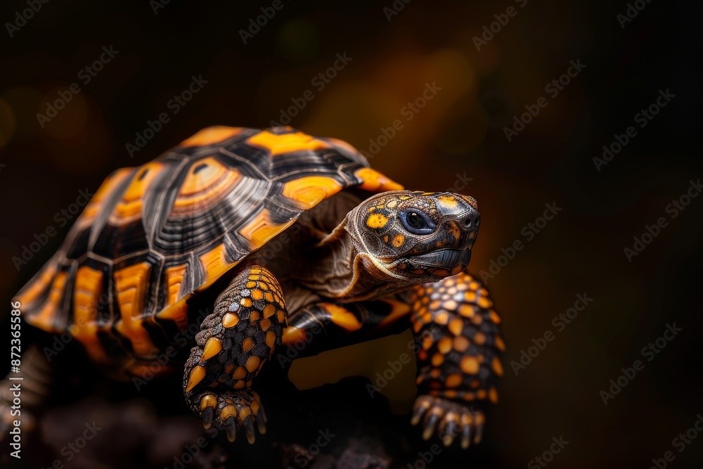 Obraz premium the beside view Indian Star Tortoise, left side view, white copy space on right, isolated on black background