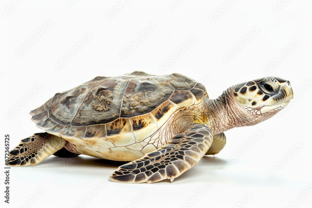 Obraz premium the beside view Kemp's Ridley Turtle, left side view, white copy space on right, dutch angle view, isolated on white background