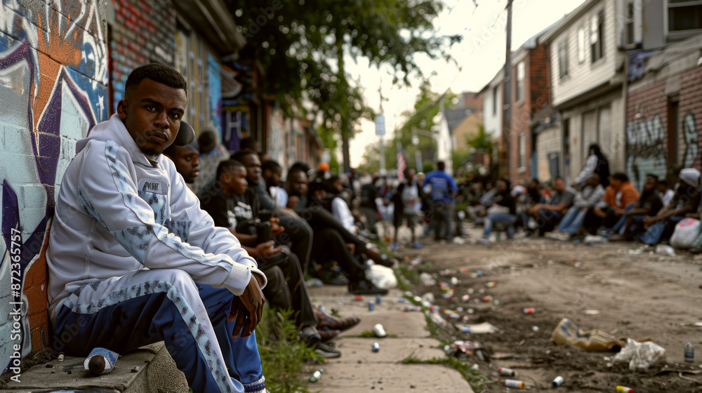 Homeless young man sitting on pavement in poor city area, crowd of fentanyl users hanging out nearby Homeless young man sitting on pavement in poor city area, crowd of fentanyl users hanging out nearby