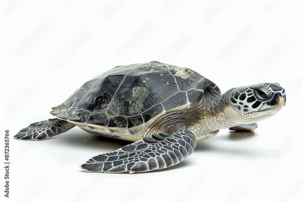Obraz premium the beside view Kemp's Ridley Turtle, left side view, white copy space on right, dutch angle view, isolated on white background