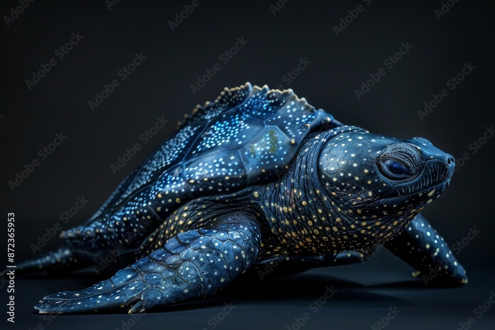 the beside view Leatherback Turtle, left side view, white copy space on right, isolated on black background the beside view Leatherback Turtle, left side view, white copy space on right, isolated on black background