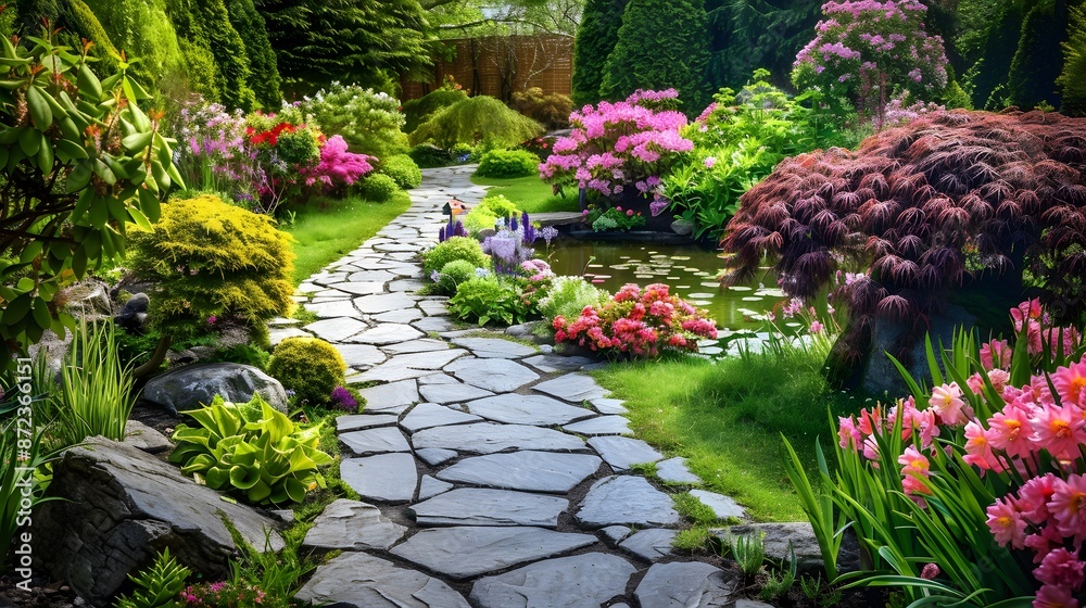 Fototapeta premium Serene Garden Path Leading to a Pond