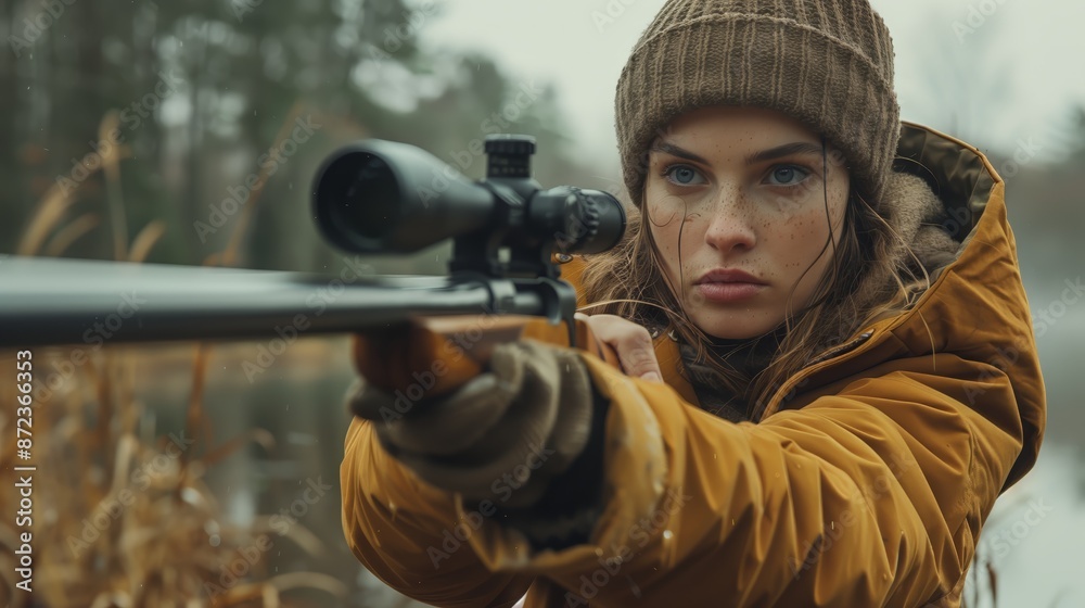Fototapeta premium A determined woman holding a firearm, her expression focused and intense. The background suggests an outdoor setting, possibly a forest or wilderness