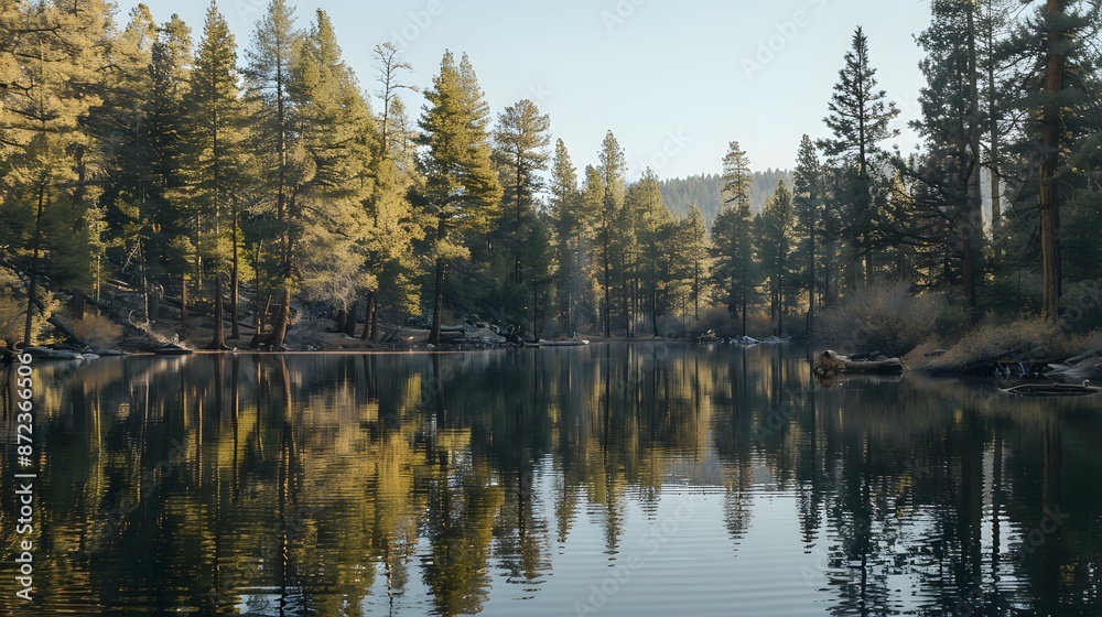 Serene Reflections of Pine Trees on a Still Lake Serene Reflections of Pine Trees on a Still Lake