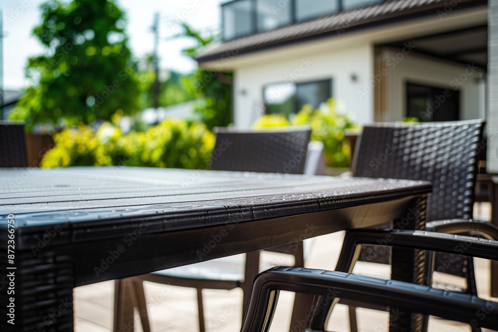 A sleek outdoor table with chair in a cozy, stylish backyard A sleek outdoor table with chair in a cozy, stylish backyard