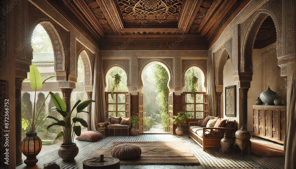 Obraz premium Moroccan Riad Courtyard with Lush Greenery and Ornate Architecture 