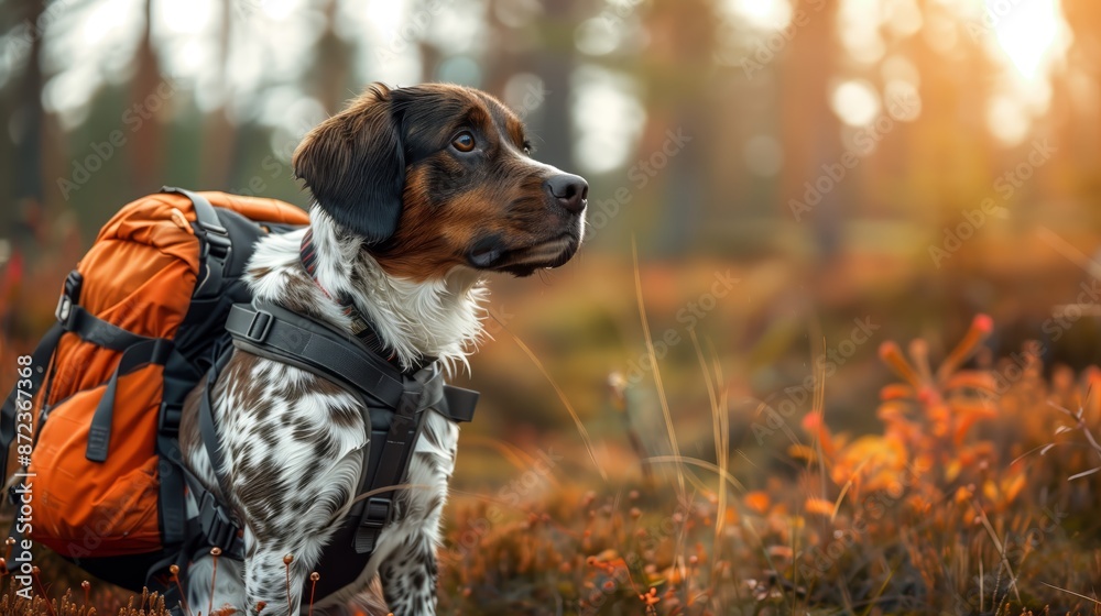 A medium-sized speckled dog equipped with an orange backpack stands amidst a forest bathed in warm sunlight, exuding a sense of adventure and exploration. A medium-sized speckled dog equipped with an orange backpack stands amidst a forest bathed in warm sunlight, exuding a sense of adventure and exploration.