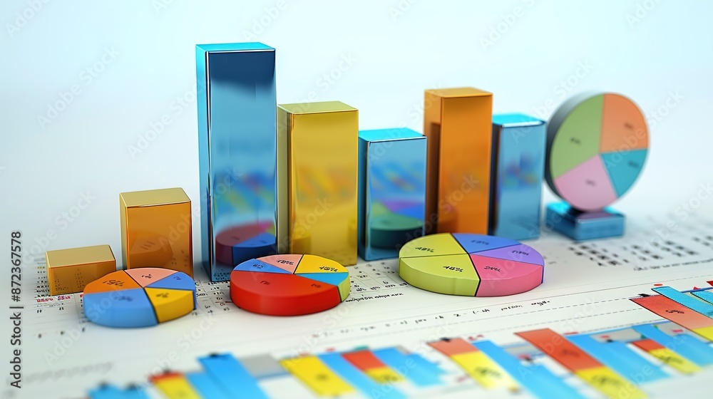 Financial Analysis Data Visualization with Bar Graphs and Pie Charts on Light Blue Background Financial Analysis Data Visualization with Bar Graphs and Pie Charts on Light Blue Background