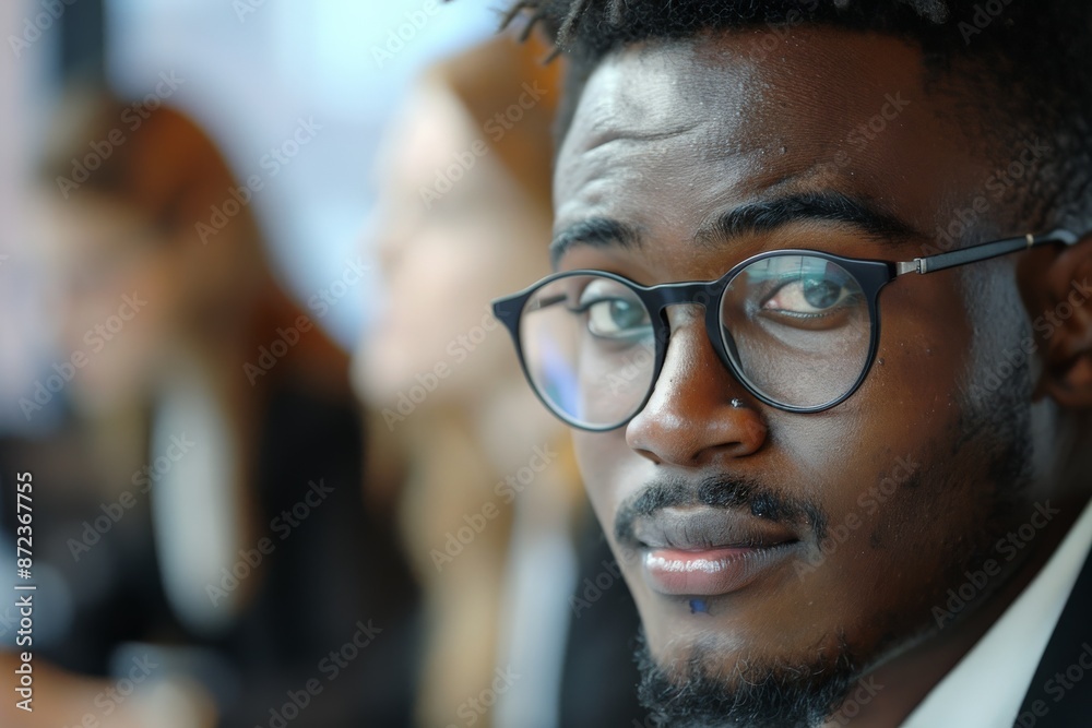 This photograph shows a young man wearing glasses and a suit, focused on the camera, with a multi-ethnic office team blurred in the background. This photograph shows a young man wearing glasses and a suit, focused on the camera, with a multi-ethnic office team blurred in the background.