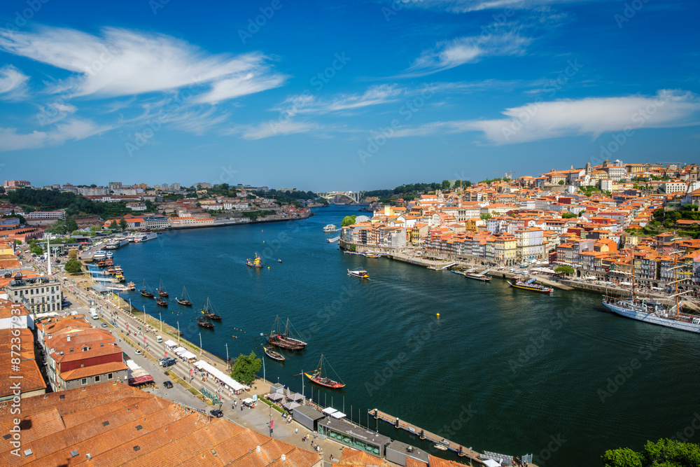 Aerial view of Porto city and Vila Nova de Gaia and Douro river with moored sailling ship from Dom Luis bridge I. Porto, Portugal Aerial view of Porto city and Vila Nova de Gaia and Douro river with moored sailling ship from Dom Luis bridge I. Porto, Portugal