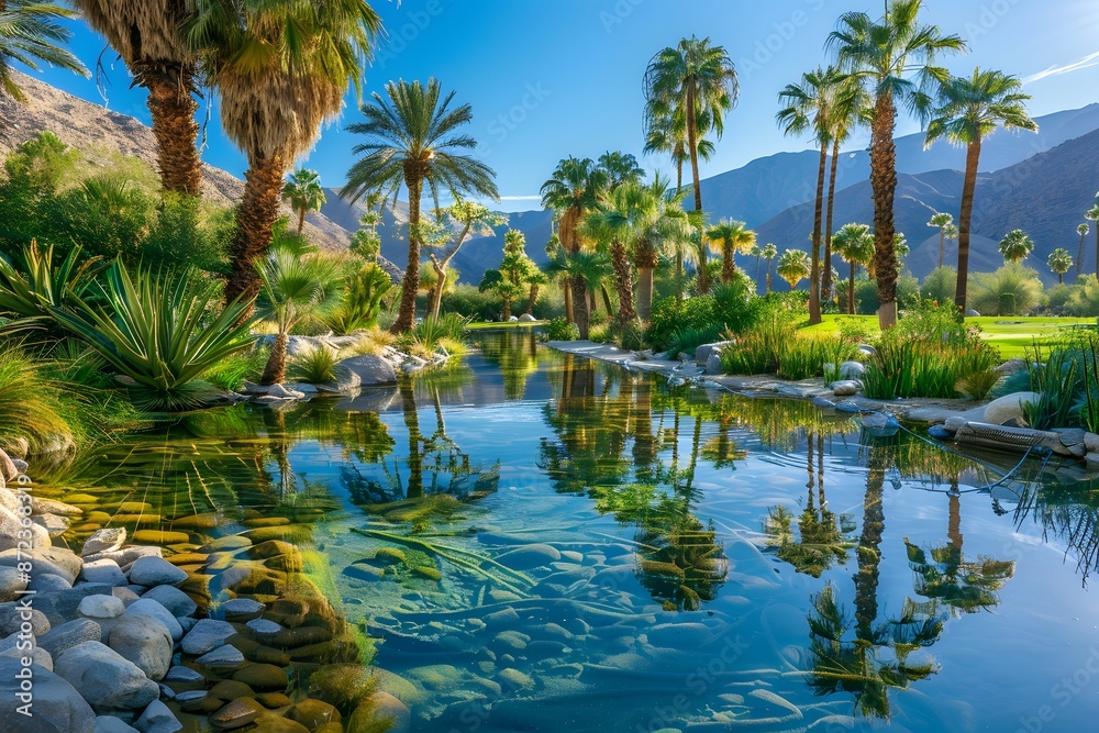Obraz premium Tranquil Oasis with Palm Trees and a Reflecting Pool