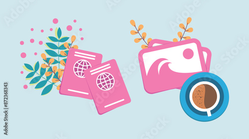 a passport desk with documents and photographs from vacations and travels, summer plants with a cup of coffee and a migration service operator’s desk