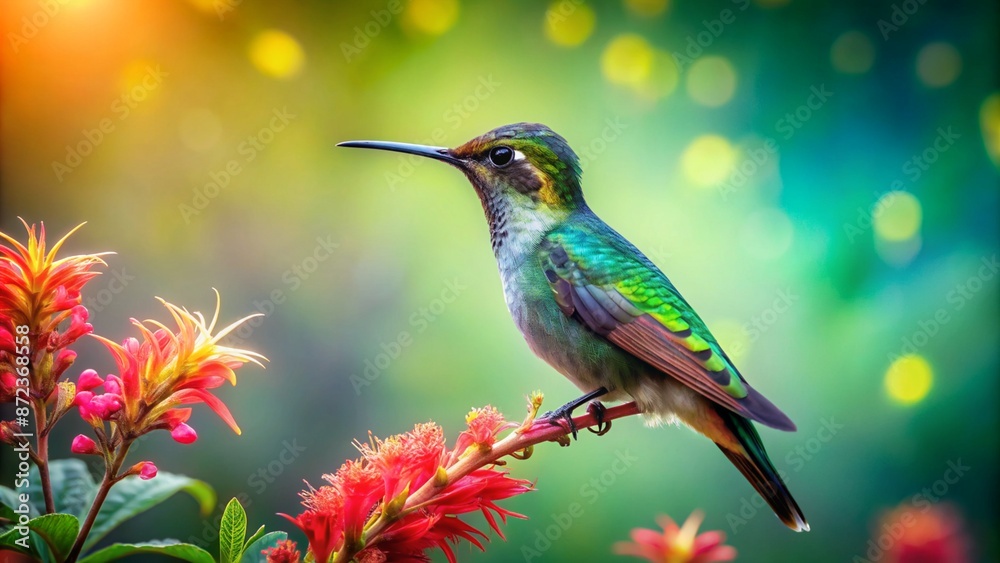 Fototapeta premium Colorful humming bird are flying near flowers and pecking at water droplets falling from beautiful wild flowers pollen.