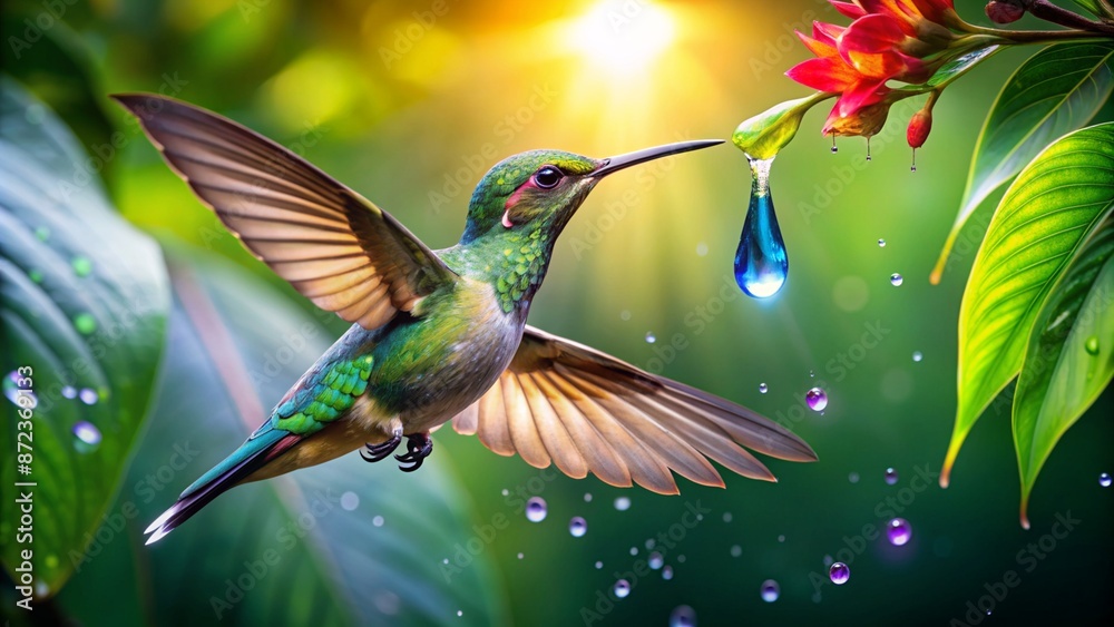 Fototapeta premium Colorful humming bird are flying near flowers and pecking at water droplets falling from beautiful wild flowers pollen.