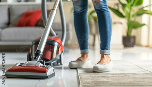 A woman is currently vacuuming the floor in the living room with a vacuum cleaner