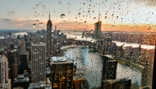 Rainy window. view of the city in the morning