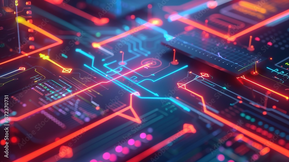 Obraz premium Digital Pathways - 3D Stylized Web Development Workflow with Arrows and Paths