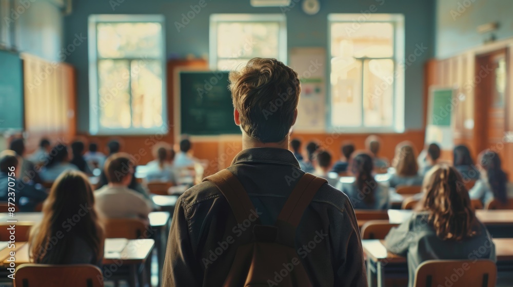 The image shows a student from behind carrying a backpack, standing inside a sunlit classroom where a lecture is taking place, focused on the academic environment. The image shows a student from behind carrying a backpack, standing inside a sunlit classroom where a lecture is taking place, focused on the academic environment.