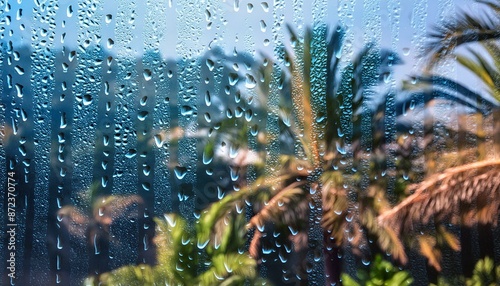Window of a rainy day with the view of exotic garden