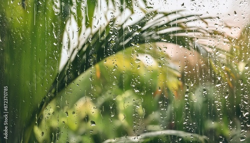 Window of a rainy day with the view of exotic garden