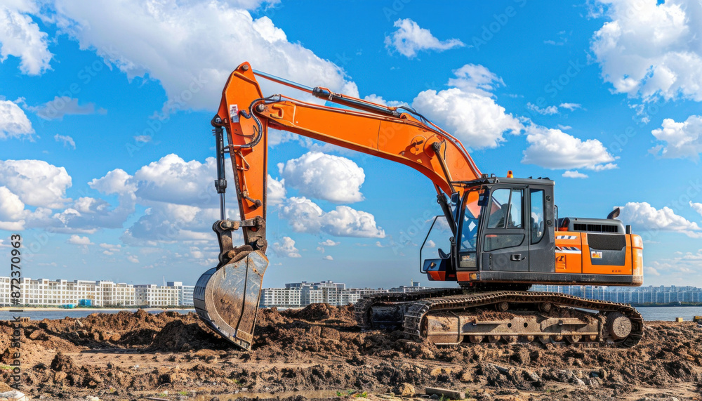 An expansive orange excavator sits idle in a field filled with soil, beneath the wide open sky An expansive orange excavator sits idle in a field filled with soil, beneath the wide open sky