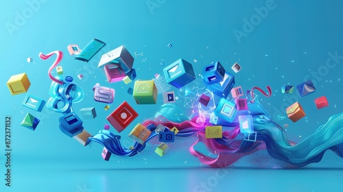 Engaging 3D visual of web development symbols in a dynamic, flowing arrangement  photo