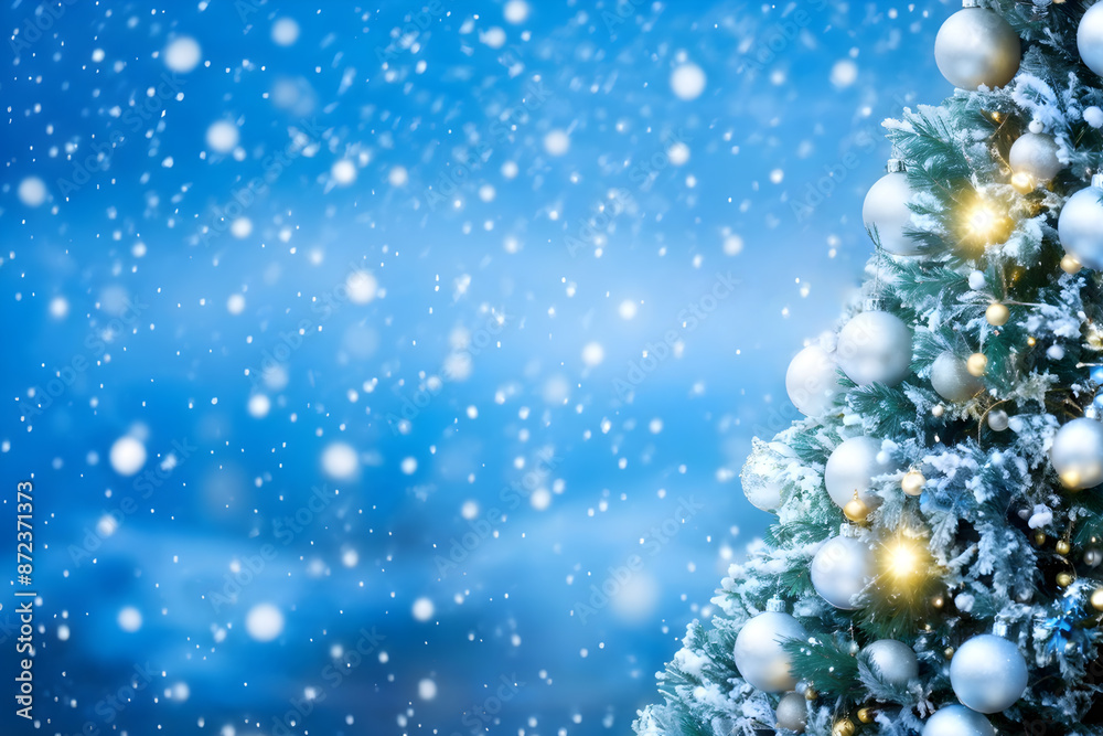 Festive Christmas tree adorned with golden baubles against a magical snowy backdrop with copy space