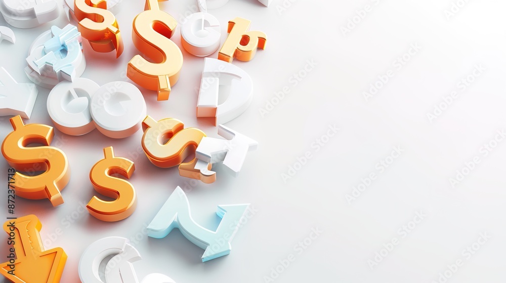 Clean 3D Financial Symbols on White Background for Copy Space Clean 3D Financial Symbols on White Background for Copy Space