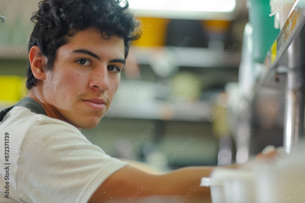 This image portrays a young man working in a kitchen with an attentive expression on his face, indicating focus and dedication in his culinary tasks. This image portrays a young man working in a kitchen with an attentive expression on his face, indicating focus and dedication in his culinary tasks.