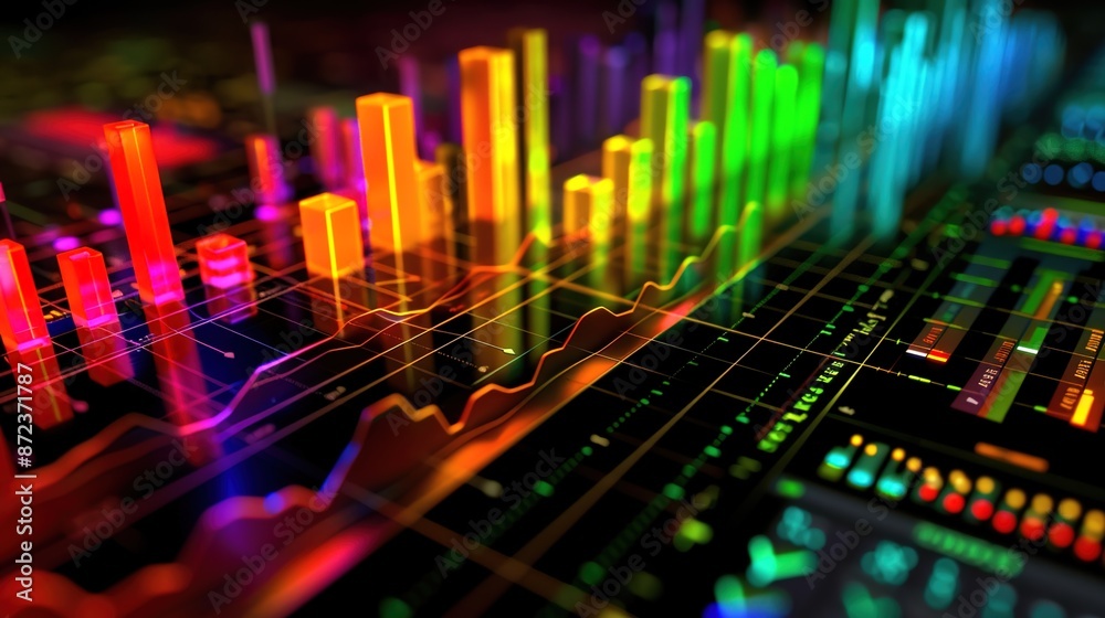 Obraz premium Vibrant 3D Charts and Graphs on Black Background with Ample Text Space